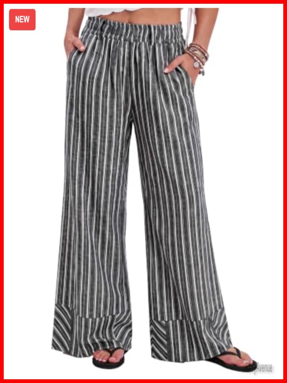 Women's Linen Wide Leg Palazzo Pants High Waist Striped Pull On Pockets